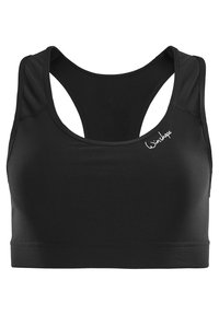 Sujetador deportivo negro con diseño de espalda tipo nadador, fabricado con una tela suave de textura sutil. Incluye un pequeño logo en la parte delantera.