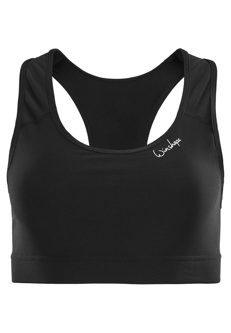 Sujetador deportivo negro con diseño de espalda tipo nadador, fabricado con una tela suave de textura sutil. Incluye un pequeño logo en la parte delantera.