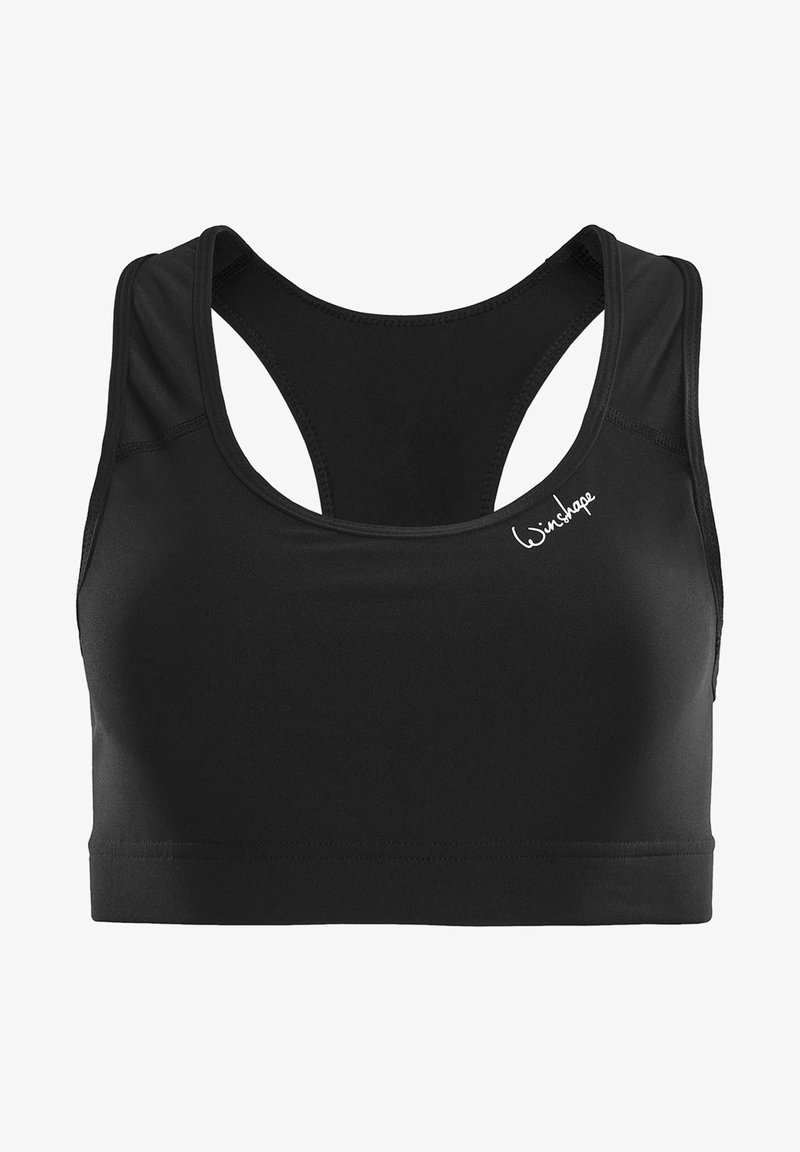 Sujetador deportivo negro con diseño de espalda tipo nadador, fabricado con una tela suave de textura sutil. Incluye un pequeño logo en la parte delantera.