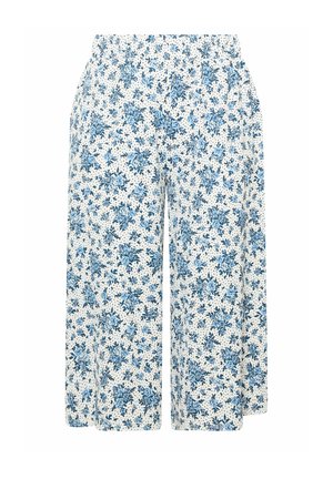 Pantalon blanc à jambes larges avec motif floral bleu et petits points noirs, doté d'une ceinture élastique et d'une coupe ample et confortable.