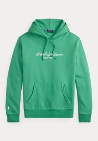 Πράσινο φούτερ Polo Ralph Lauren με μπροστινή τσέπη, κουκούλα με κορδόνι και λευκό κείμενο "Polo Ralph Lauren New York" στο στήθος.