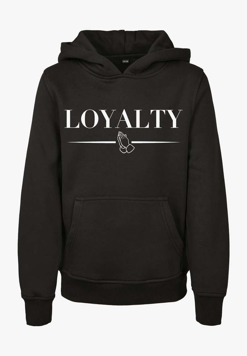 Sudadera negra con mangas largas, bolsillo frontal y texto "LEALTAD" en blanco acompañado de un gráfico de manos entrelazadas. Tejido suave con puños y dobladillo acanalados.