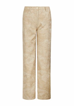 Beżowe spodnie o prostych nogawkach z subtelnym tropikalnym wzorem liści, przednie kieszenie, szlufki na pasek i zapięcie na guzik.