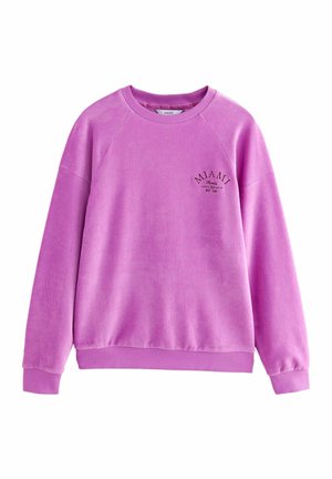 Rosa Sweatshirt mit gerippter Textur, rundem Halsausschnitt und Raglanärmeln. Mit "MIAMI" in dunklem Faden auf der Vorderseite bestickt.