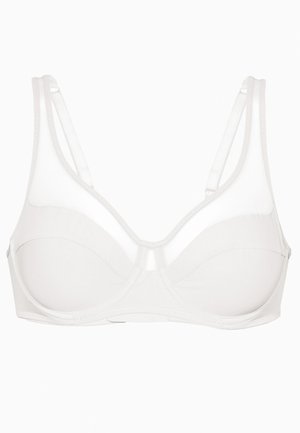 Brasile bianco con una superficie liscia, pannelli superiori trasparenti e spalline regolabili. Presenta un design minimalista e una chiusura a gancio sul retro.