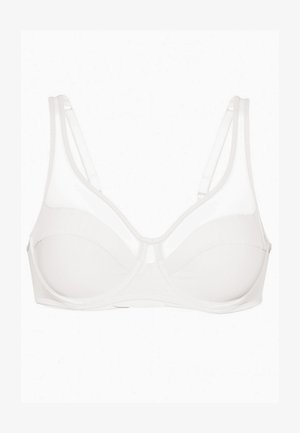 Brasile bianco con una superficie liscia, pannelli superiori trasparenti e spalline regolabili. Presenta un design minimalista e una chiusura a gancio sul retro.