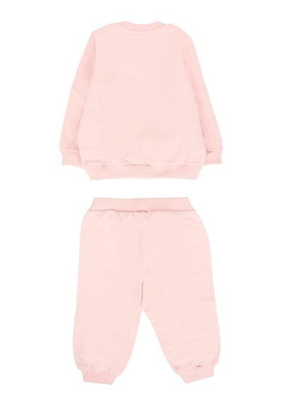 Różowy długi rękaw bluza i dopasowany zestaw spodni dresowych na elastycznej talii, ułożony na płasko, zaprojektowany dla niemowlęcia lub małego dziecka.
