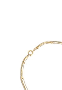 Gouden armband met een schakeling van afwisselend gladde en versierde secties, met kleine ronde accenten en een haaksluiting. Sprankelende kristaldetails.