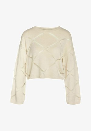 Cream, cropped sweater featuring a textured knit pattern with diamond cutouts and long sleeves. Ribbed neckline and hem details.