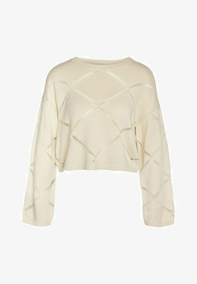 Sweater creme, curto, apresentando um padrão de malha texturizada com recortes em formato de diamante e mangas longas. Detalhes em ribana na gola e na bainha.