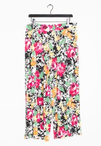 Květinové kalhoty culottes s černobílo-multikolorovým vzorem a květinami v růžové, oranžové a zelené barvě. Vyrobené z lehkého materiálu.