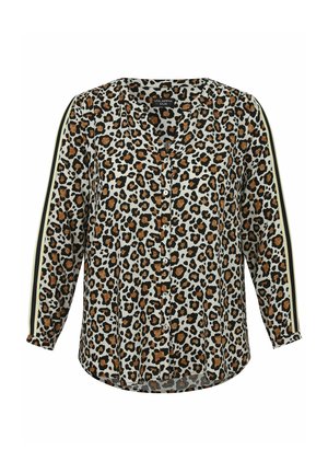 Leopardprint blouse met zwarte en bruine vlekken op een crèmekleurige achtergrond, met een knoopsluiting aan de voorkant en zijstripes in geel en zwart.