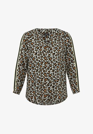 Leopardprint blouse met zwarte en bruine vlekken op een crèmekleurige achtergrond, met een knoopsluiting aan de voorkant en zijstripes in geel en zwart.