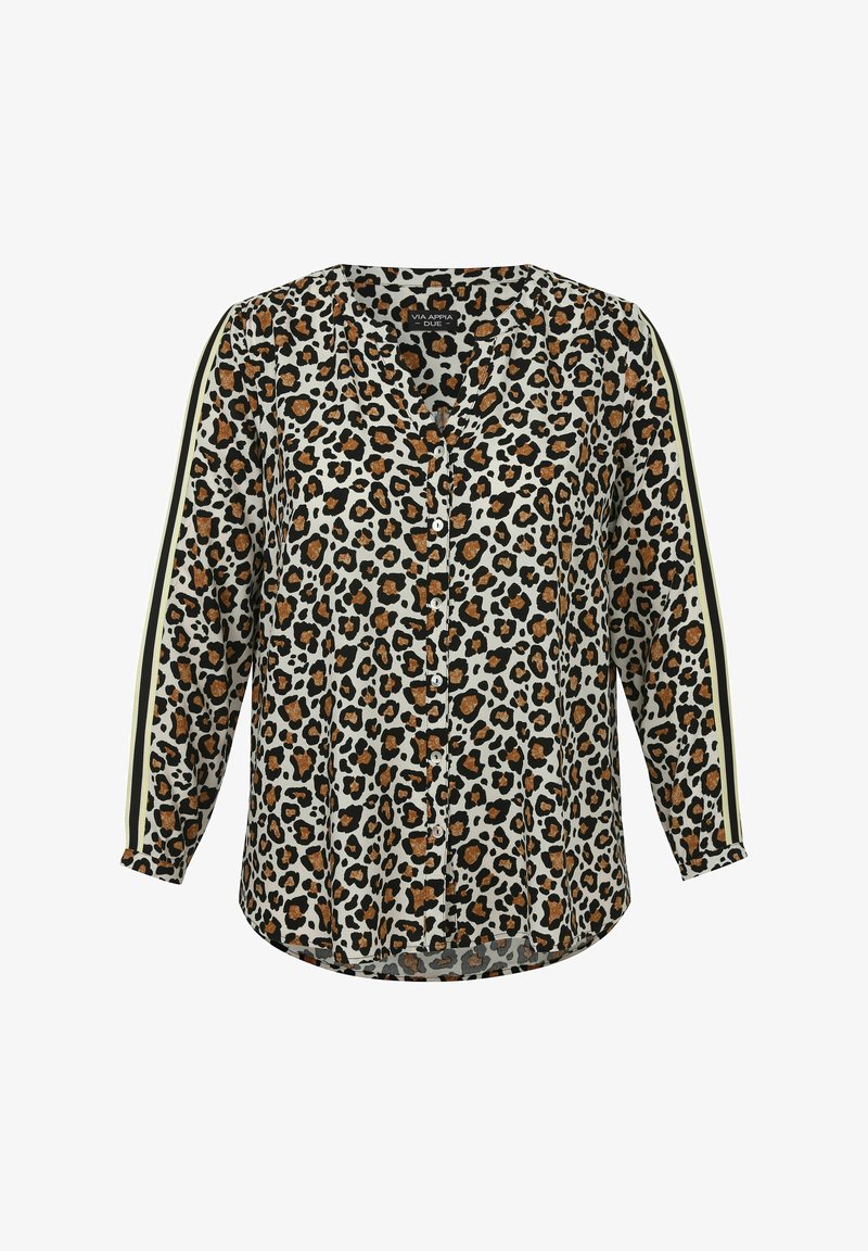 Leoprint-Bluse mit schwarzen und braunen Flecken auf einem cremigen Hintergrund, mit einer knopfbaren Front und seitlichen Streifen in Gelb und Schwarz.
