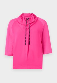 Roze, kortemouwen top met een cowlnek en trekkoord functie. Gladde stof met contrasterende zwart-witte trekkoordaccenten.