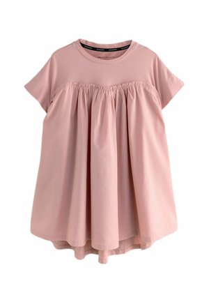 Rosa t-shirt med korta ärmar, samlad detalj under bysten och en avslappnad passform. Tillverkad av mjukt tyg med en slät textur.