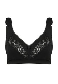 Czarny biustonosz z kwiatową koronką z przodu, miękki materiał, szerokie ramiączka i mała kokardka na środku. Gładki, bezszwowy design.