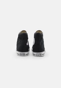 Černé plátěné vysoké tenisky s bílými gumovými podrážkami, logo Converse na zadní straně a kontrastní švy.