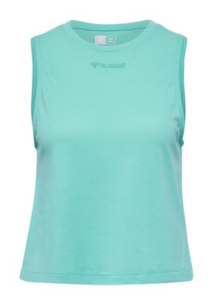 Helles türkises, ärmelloses Sporttop. Hergestellt aus atmungsaktivem Stoff mit glatter Textur. Verfügt über einen runden Ausschnitt und dezente Logodetails.