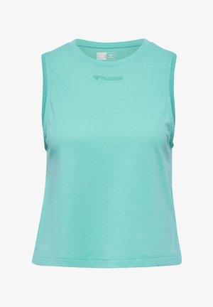 Helles türkises, ärmelloses Sporttop. Hergestellt aus atmungsaktivem Stoff mit glatter Textur. Verfügt über einen runden Ausschnitt und dezente Logodetails.