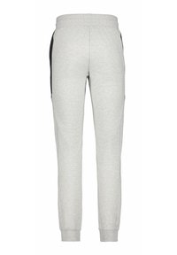 Grå sweatpants med en tekstureret finish, der har en sort sidepanel og ribbede mansjetter. Taljebåndet er elastisk for komfort.