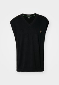 Czarny bezrękawnik z dzianiny z dekoltem w kształcie litery V, żebrowym splotem i wytłoczonym logo na piersi. Minimalistyczny design z czystymi liniami.
