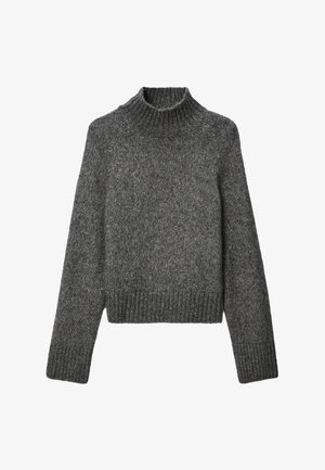 Pull en tricot gris avec un col montant, des poignets et un ourlet côtelés, présentant une finition douce et texturée. Design décontracté avec manches longues et coupe ample.