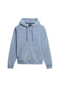 Sudadera con cremallera azul de tejido suave y con textura. Cuenta con capucha ajustable, bolsillos tipo canguro y puños y dobladillo acanalados. Detalle del logotipo sutil.