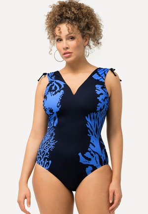 Maillot de bain une pièce avec une base marine et de vives motifs de corail bleu, décolleté en V, liens ajustables aux épaules et design ajusté.