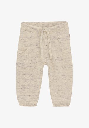 Pantalons beige en tricot pour tout-petits avec un motif texturé, taille élastique, cordon de serrage ajustable et deux poches latérales.
