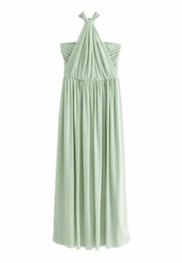 Robe maxi vert clair à col halter avec taille froncée et jupe plissée fluide.