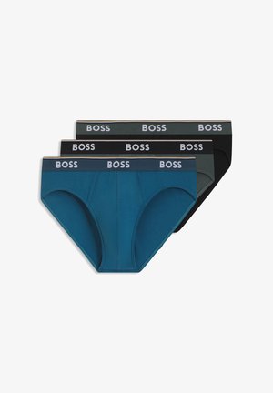 Three pairs of men's briefs in teal, dark green, and black. Each features a logo waistband with contrasting edges and a classic cut design.