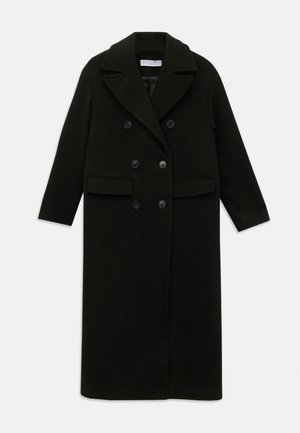 Manteau long en laine noire, double boutonnage, avec grands revers, six boutons, poches à rabat et coupe droite, présenté sur un fond blanc.