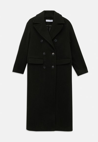 Zwarte lange wollen dubbelzijdige jas met brede revers, zes knopen, flapzakken en een rechte snit, tentoongesteld op een witte achtergrond.
