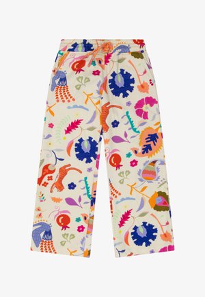 Crèmekleurige broek met kleurrijke abstracte bloem- en dierenpatronen, voorzien van een elastische oranje trekkoord tailleband.
