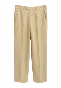 Pantalons en laine beige avec un tissu texturé, coupe droite, deux poches latérales et un devant plat avec passants de ceinture.