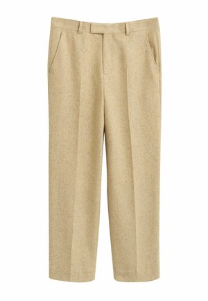Pantalons en laine beige avec un tissu texturé, coupe droite, deux poches latérales et un devant plat avec passants de ceinture.