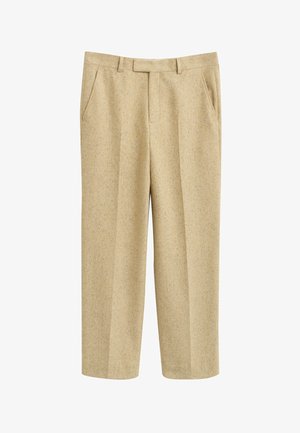Beige wool trousers featuring a textured fabric, straight-leg design, two side pockets, and a flat front with belt loops.