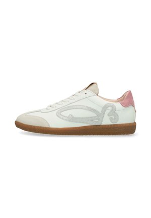 White leather sneaker with gray logo design, suede pink heel accent, rubber sole, and round toe shape. Flat laces and stitched detailing.