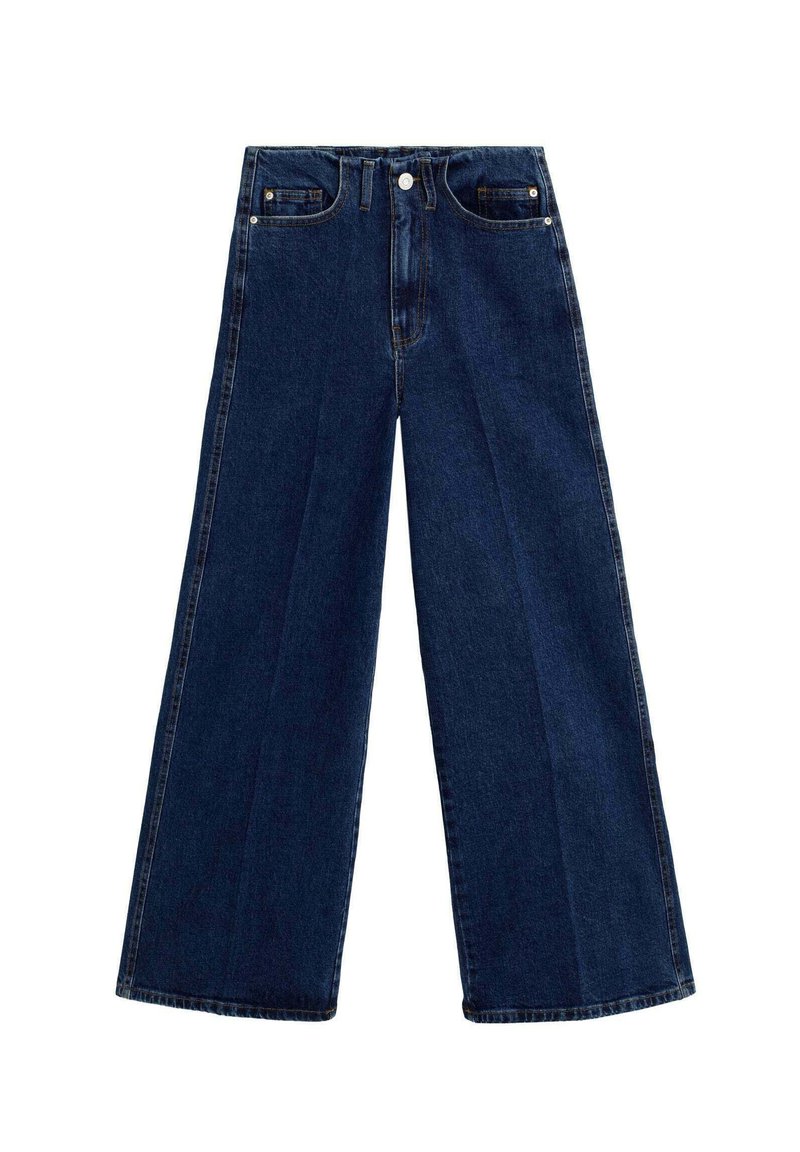 Bredde ben, mørk denim jeans med et klassisk fem lomme design, der har en frontlukning med knap og lynlås samt en glat tekstur.