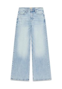 Jasnoniebieskie jeansy o szerokich nogawkach z wysokim stanem. Posiadają pięć kieszeni, przeszycia dekoracyjne oraz efekt spranego materiału.