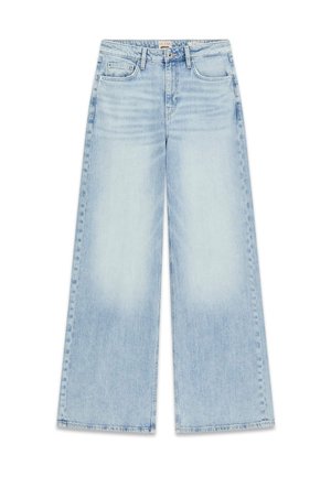 Jasnoniebieskie jeansy o szerokich nogawkach z wysokim stanem. Posiadają pięć kieszeni, przeszycia dekoracyjne oraz efekt spranego materiału.