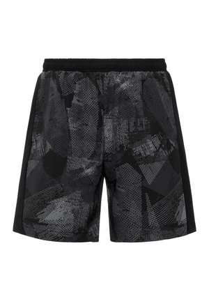 Pantaloncini sportivi neri e grigi con motivo geometrico, vita elasticizzata e pannelli laterali neri uniti.