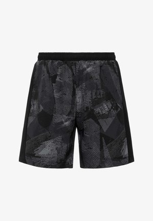 Pantaloncini sportivi neri e grigi con motivo geometrico, vita elasticizzata e pannelli laterali neri uniti.