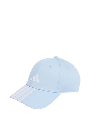 Cappellino da baseball azzurro chiaro con logo Adidas bianco e tre strisce bianche sulla visiera, mostrato su sfondo bianco.