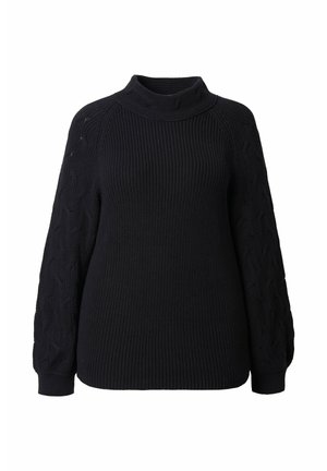 Maglione a collo alto nero a maglia rasata, con corpo a coste e maniche testurizzate, caratterizzato da una vestibilità ampia e un tessuto comodo.
