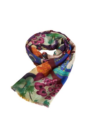 Floral-patterned scarf with vibrant colors including purple, orange, and green. Made of soft fabric with fringed edges.