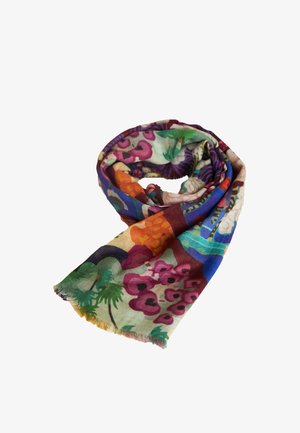 Floral-patterned scarf with vibrant colors including purple, orange, and green. Made of soft fabric with fringed edges.