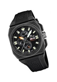 Black chronograph watch with an octagonal case, textured rubber strap, white and orange accents, and luminous hour markers. Water-resistant to 10 bars.