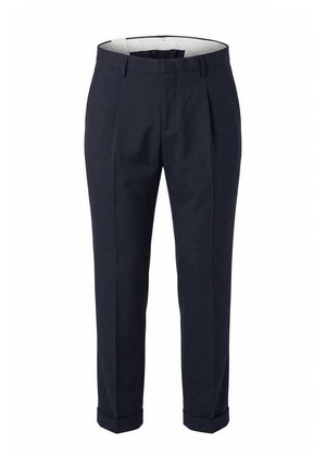 Pantaloni blu navy a gamba dritta con orli risvoltati, passanti per cintura e pieghe frontali, mostrati frontalmente su sfondo bianco.